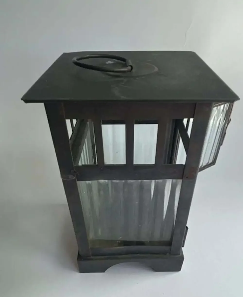 Vintage Black Metal Candle Lantern with Rippled Glass Panels and Ring Handle